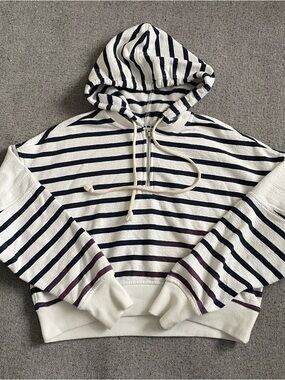 Aerie White & Navy Striped Oversized Hooded Sweatshirt